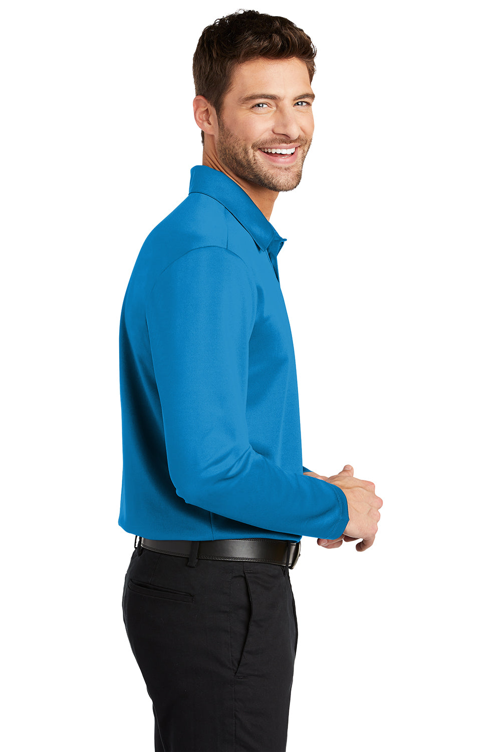 Port Authority K540LS Mens Silk Touch Performance Moisture Wicking Long Sleeve Polo Shirt Brilliant Blue Model Side