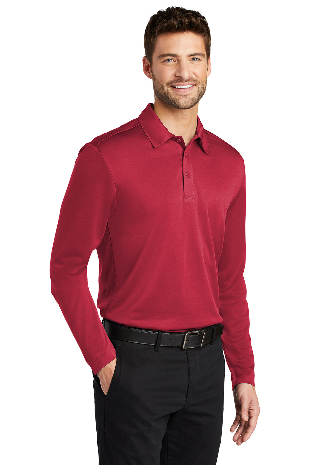 Port Authority K540LS Mens Silk Touch Performance Moisture Wicking Long Sleeve Polo Shirt Red Model 3q