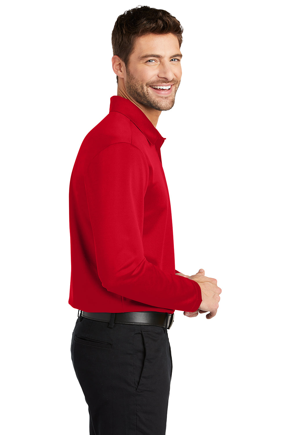 Port Authority K540LS Mens Silk Touch Performance Moisture Wicking Long Sleeve Polo Shirt Red Model Side