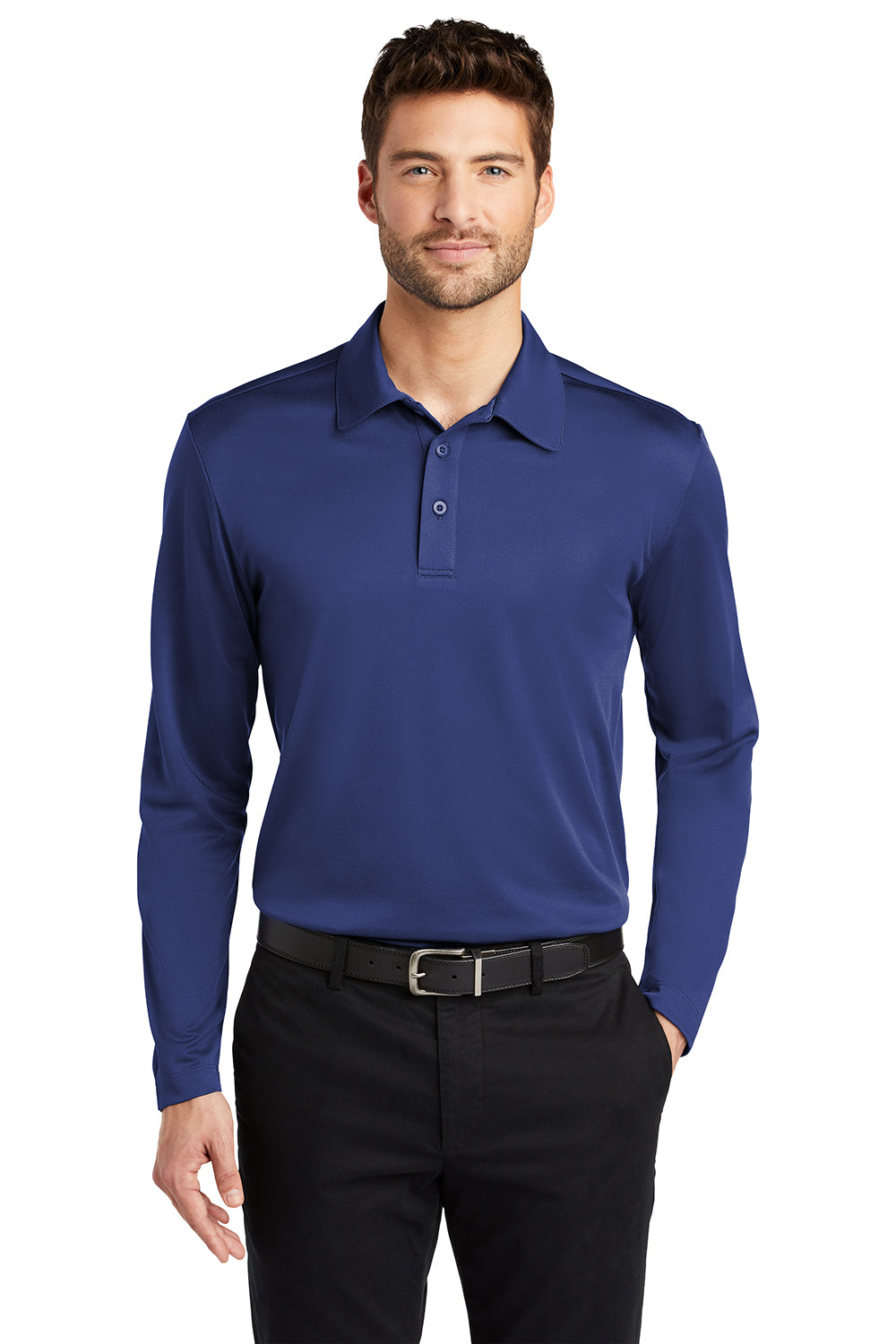 Port Authority K540LS Mens Silk Touch Performance Moisture Wicking Long Sleeve Polo Shirt Royal Blue Model Front