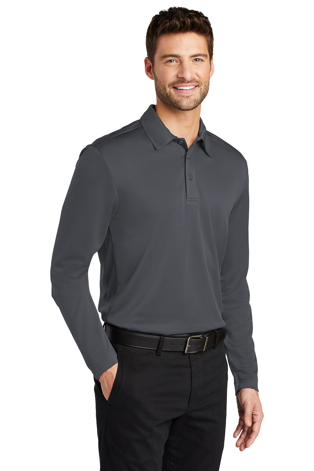 Port Authority K540LS Mens Silk Touch Performance Moisture Wicking Long Sleeve Polo Shirt Steel Grey Model 3q