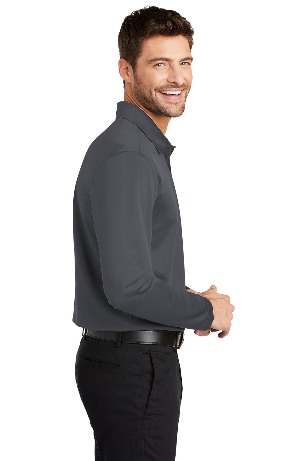 Port Authority K540LS Mens Silk Touch Performance Moisture Wicking Long Sleeve Polo Shirt Steel Grey Model Side