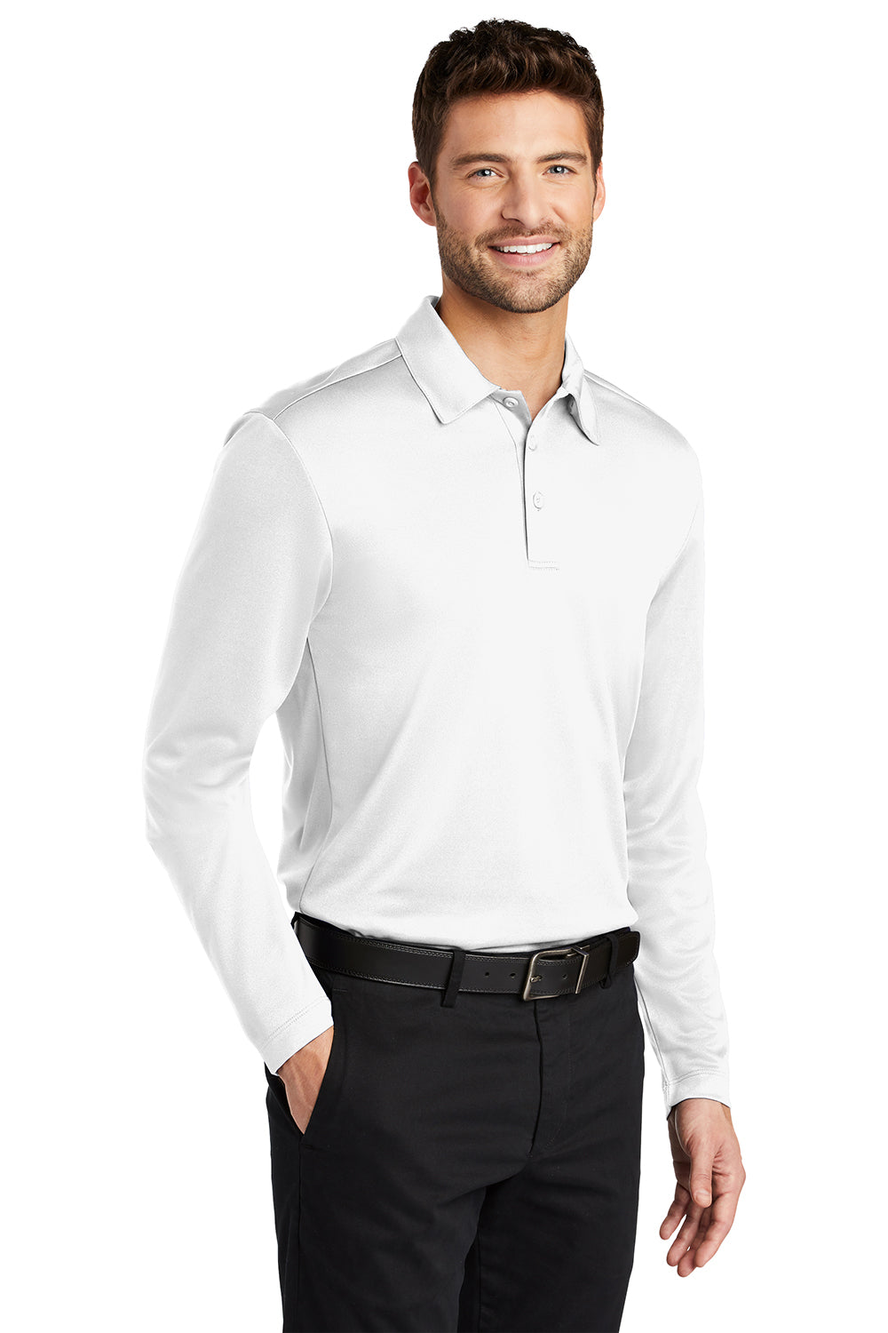 Port Authority K540LS Mens Silk Touch Performance Moisture Wicking Long Sleeve Polo Shirt White Model 3q