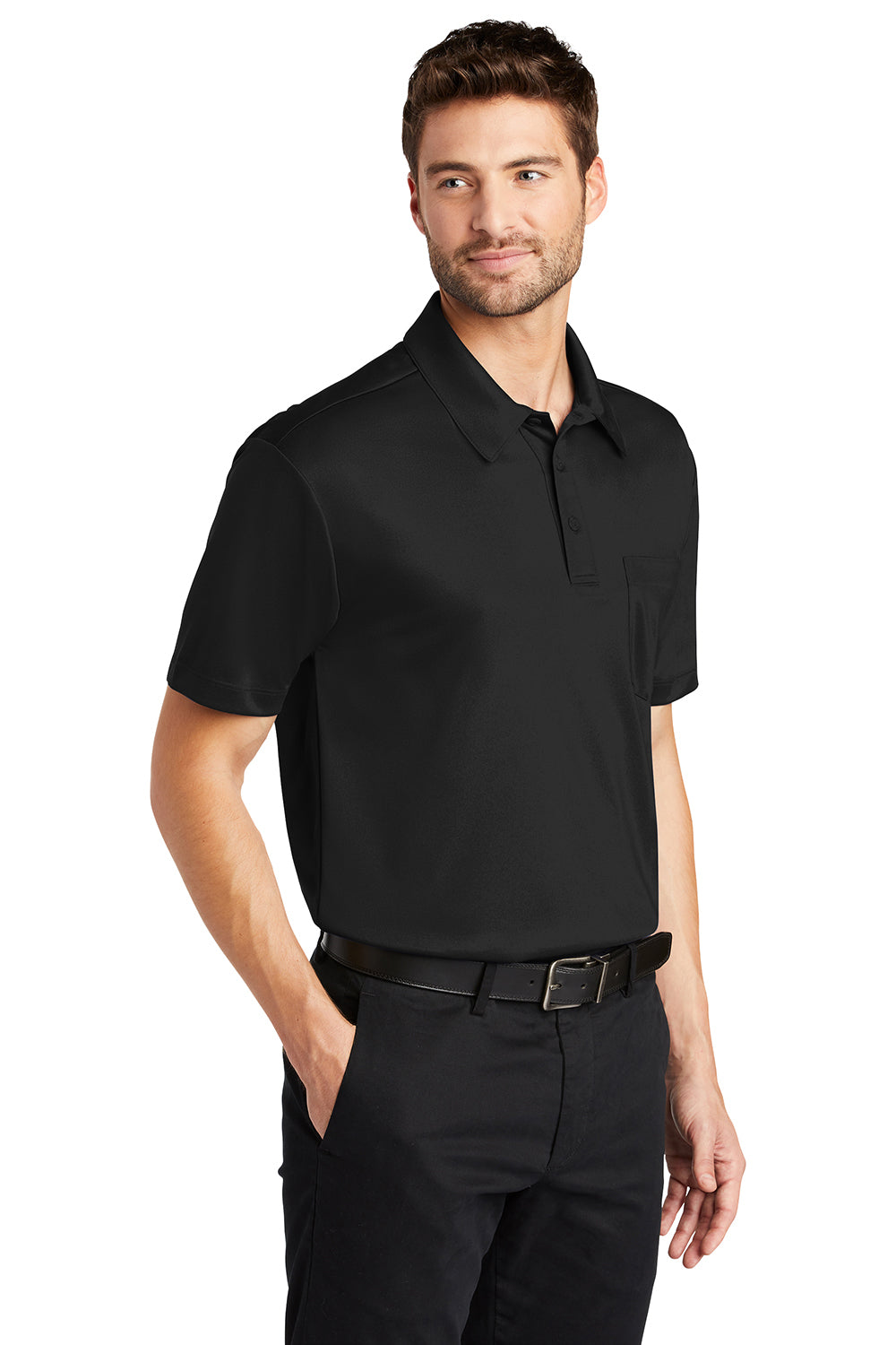 Port Authority K540P Mens Silk Touch Performance Moisture Wicking Short Sleeve Polo Shirt w/ Pocket Black Model 3q