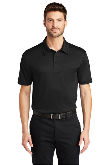 Port Authority K540P Mens Silk Touch Performance Moisture Wicking Short Sleeve Polo Shirt w/ Pocket Black Model Front