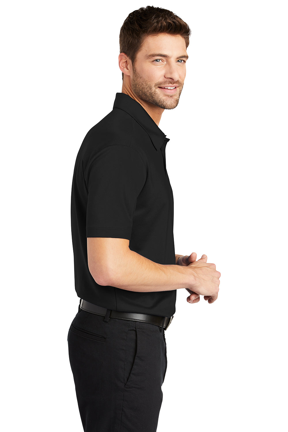 Port Authority K540P Mens Silk Touch Performance Moisture Wicking Short Sleeve Polo Shirt w/ Pocket Black Model Side