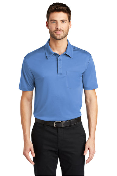 Port Authority K540P Mens Silk Touch Performance Moisture Wicking Short Sleeve Polo Shirt w/ Pocket Carolina Blue Model Front