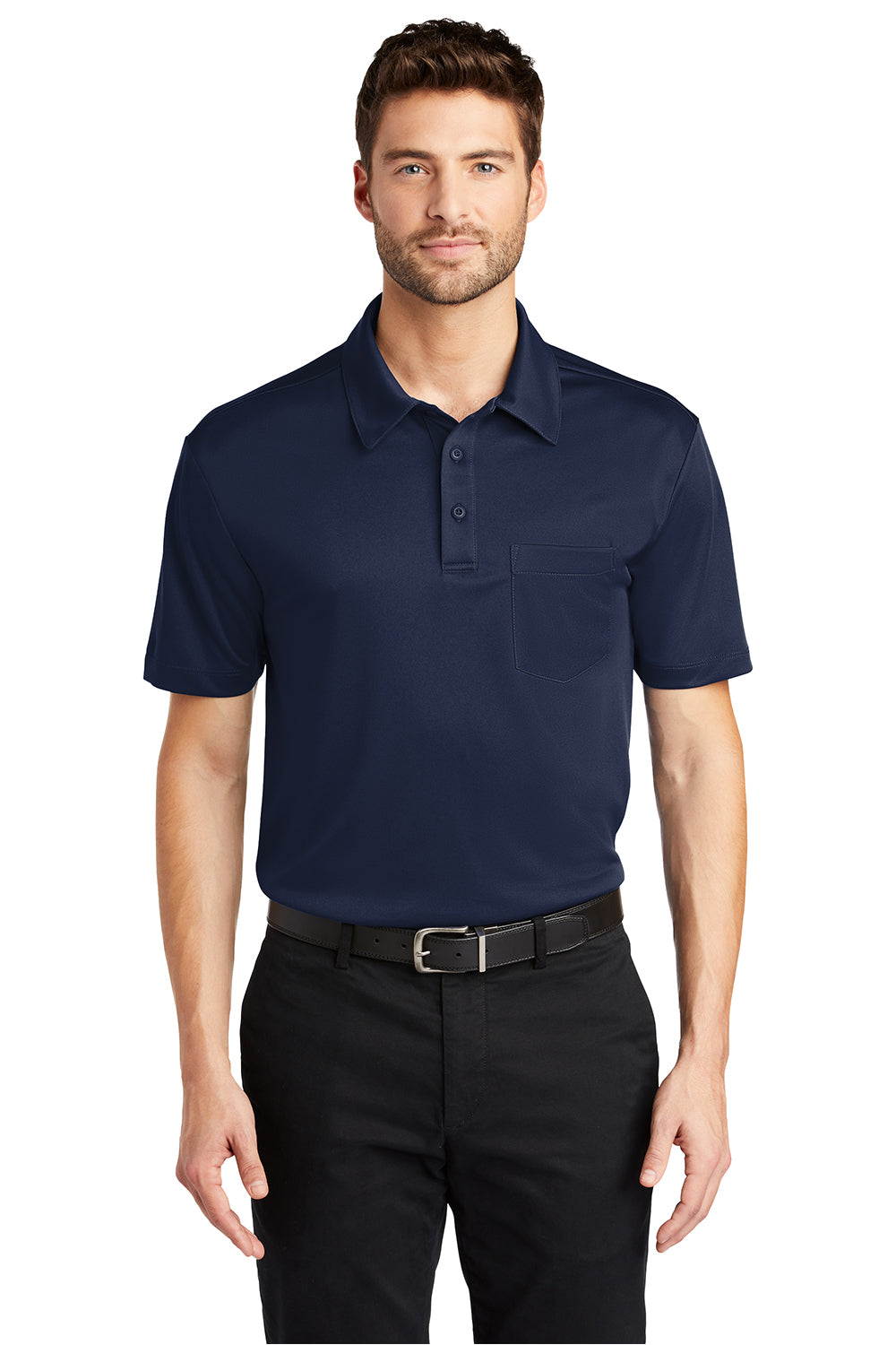 Port Authority K540P Mens Silk Touch Performance Moisture Wicking Short Sleeve Polo Shirt w/ Pocket Navy Blue Model Front