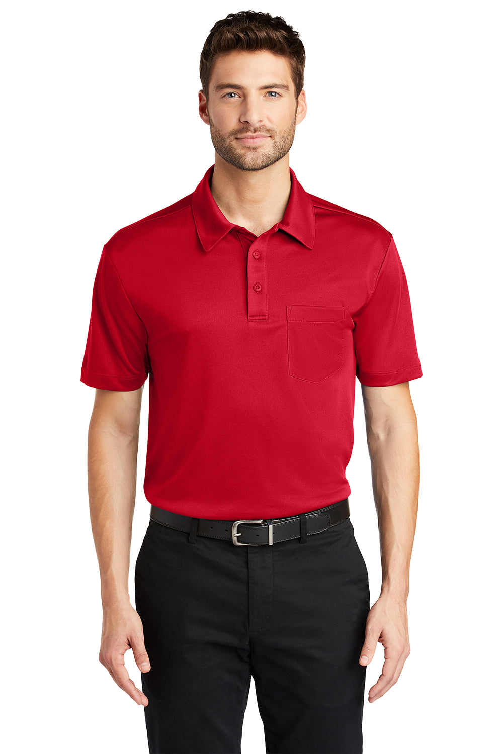 Port Authority K540P Mens Silk Touch Performance Moisture Wicking Short Sleeve Polo Shirt w/ Pocket Red Model Front