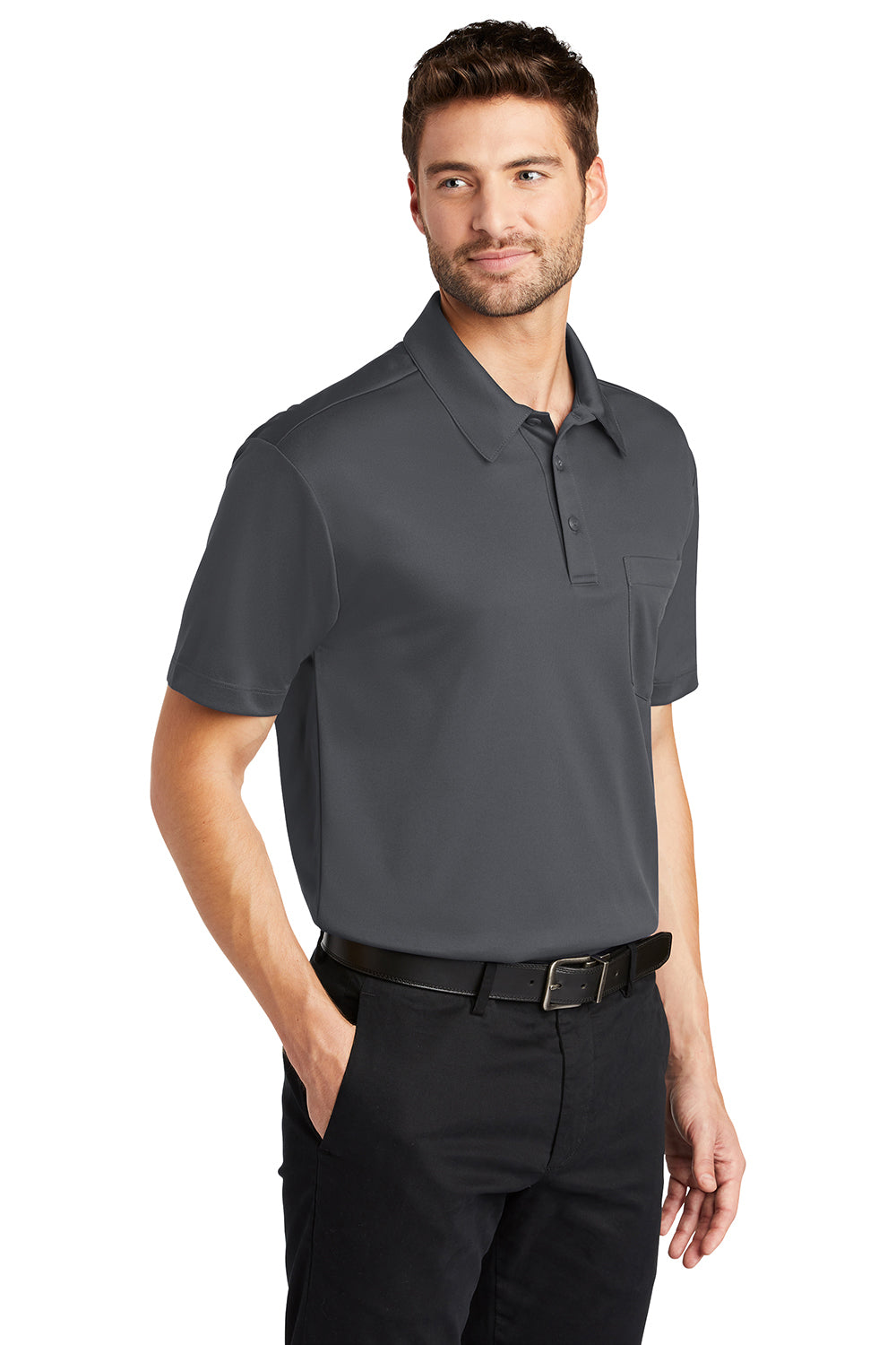 Port Authority K540P Mens Silk Touch Performance Moisture Wicking Short Sleeve Polo Shirt w/ Pocket Steel Grey Model 3q