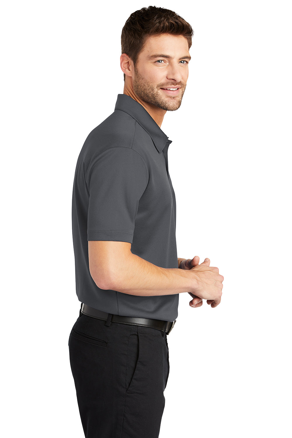 Port Authority K540P Mens Silk Touch Performance Moisture Wicking Short Sleeve Polo Shirt w/ Pocket Steel Grey Model Side