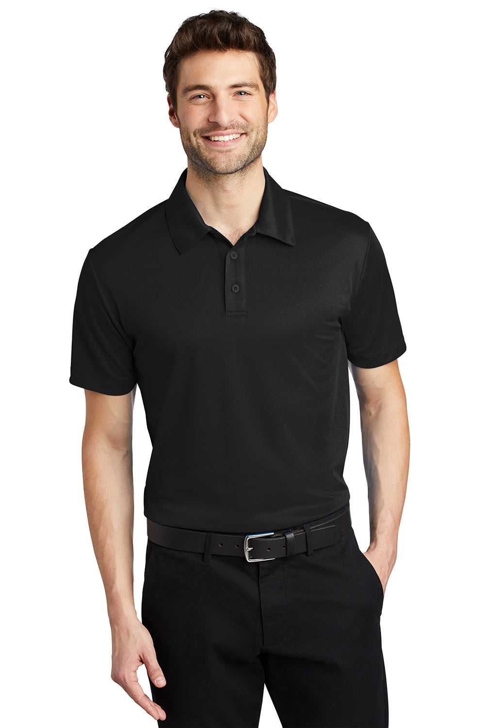 Port Authority K540/TLK540 Mens Silk Touch Performance Moisture Wicking Short Sleeve Polo Shirt Black Model Front