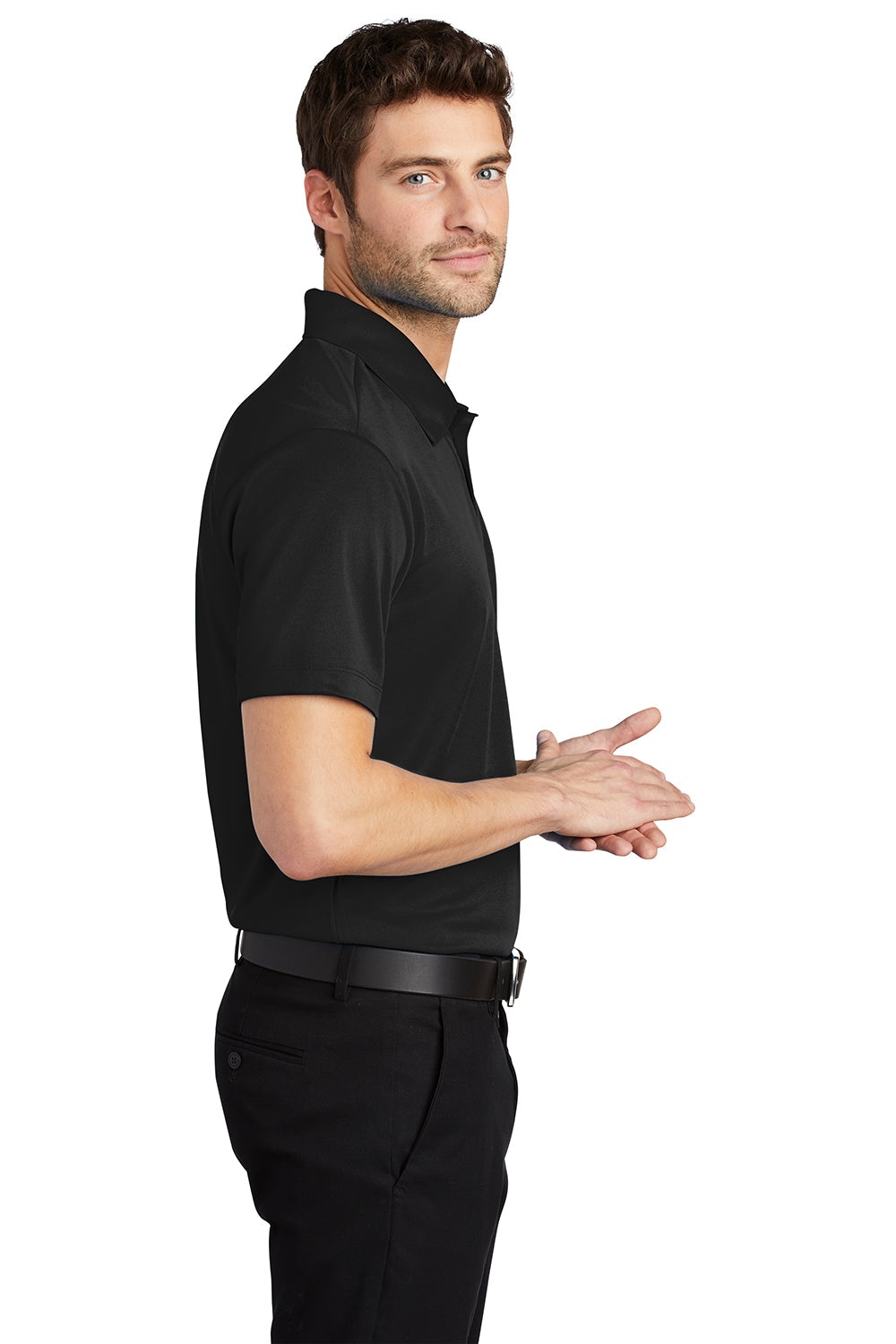 Port Authority K540/TLK540 Mens Silk Touch Performance Moisture Wicking Short Sleeve Polo Shirt Black Model Side