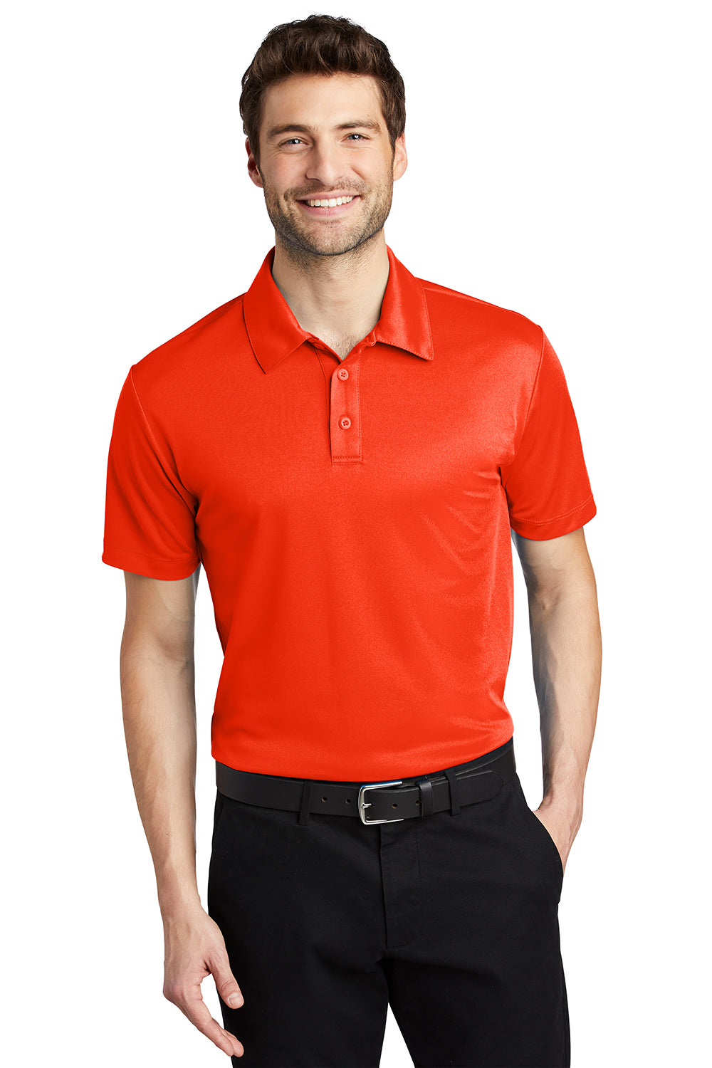 Port Authority K540/TLK540 Mens Silk Touch Performance Moisture Wicking Short Sleeve Polo Shirt Neon Orange Model Front