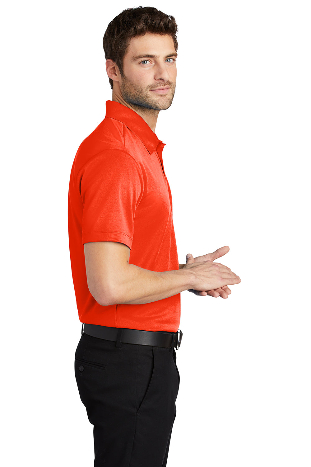 Port Authority K540/TLK540 Mens Silk Touch Performance Moisture Wicking Short Sleeve Polo Shirt Neon Orange Model Side