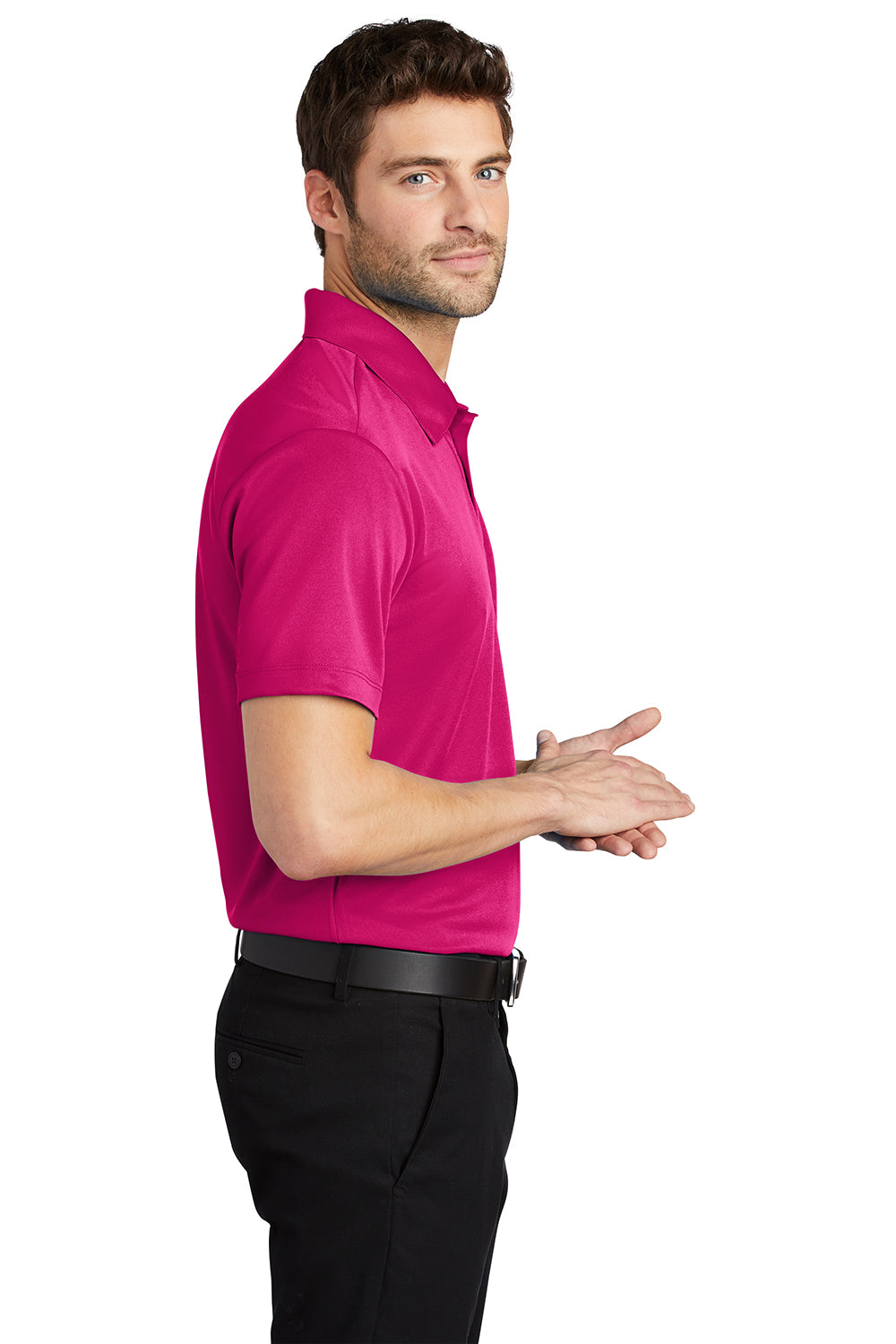 Port Authority K540/TLK540 Mens Silk Touch Performance Moisture Wicking Short Sleeve Polo Shirt Raspberry Pink Model Side