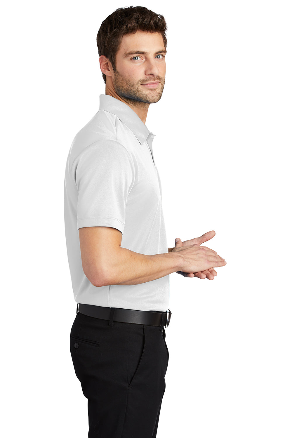 Port Authority K540/TLK540 Mens Silk Touch Performance Moisture Wicking Short Sleeve Polo Shirt White Model Side