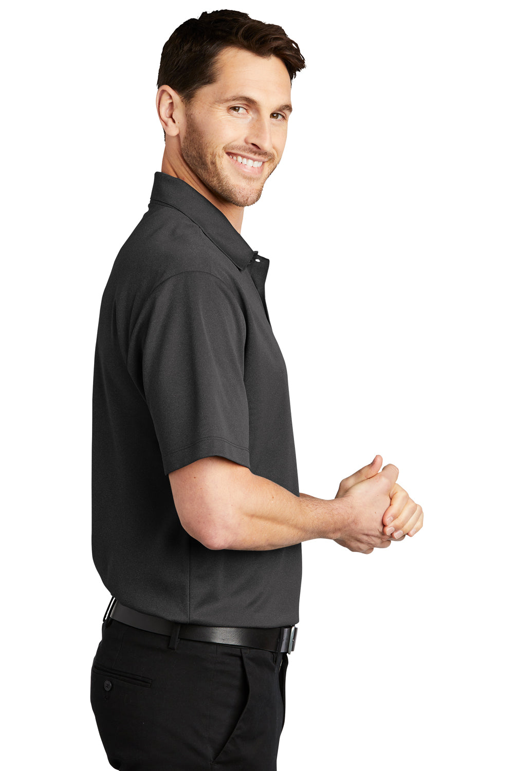 Port Authority K542 Mens Silk Touch Performance Moisture Wicking Short Sleeve Polo Shirt Heather Black Model Side