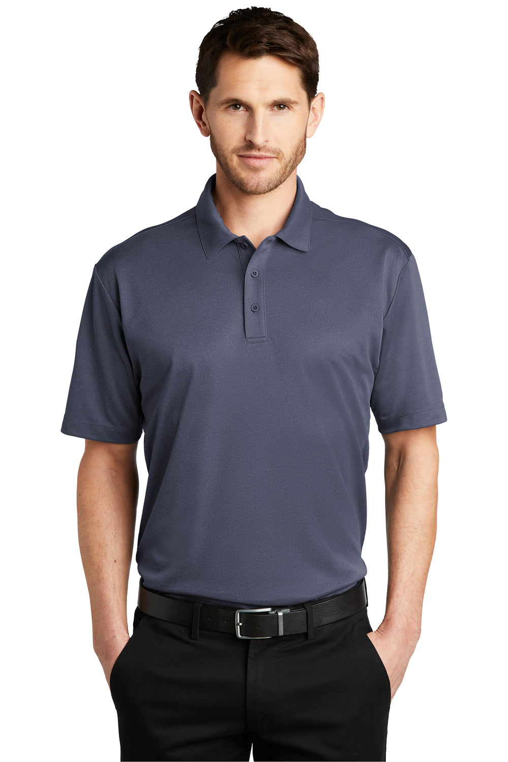 Port Authority K542 Mens Silk Touch Performance Moisture Wicking Short Sleeve Polo Shirt Heather Navy Blue Model Front