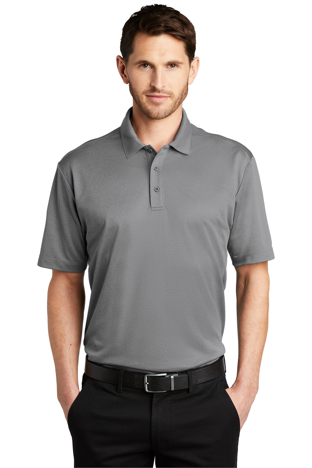 Port Authority K542 Mens Silk Touch Performance Moisture Wicking Short Sleeve Polo Shirt Heather Shadow Grey Model Front