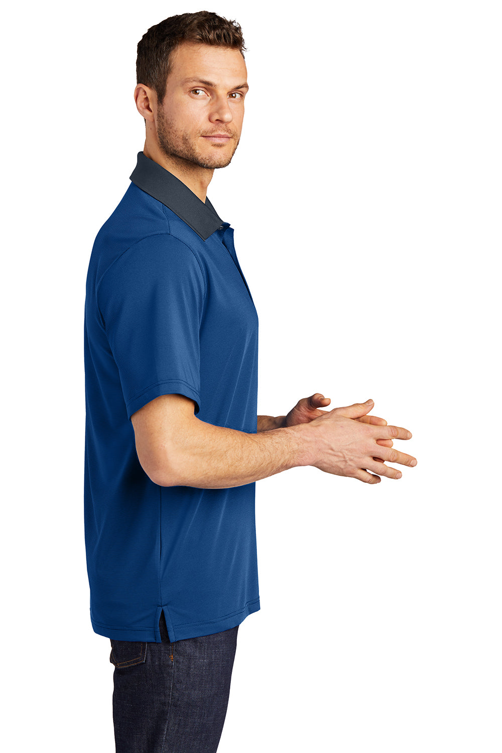 Port Authority K558 Mens Performance Moisture Wicking Short Sleeve Polo Shirt Seaport Blue/Dress Navy Blue Model Side