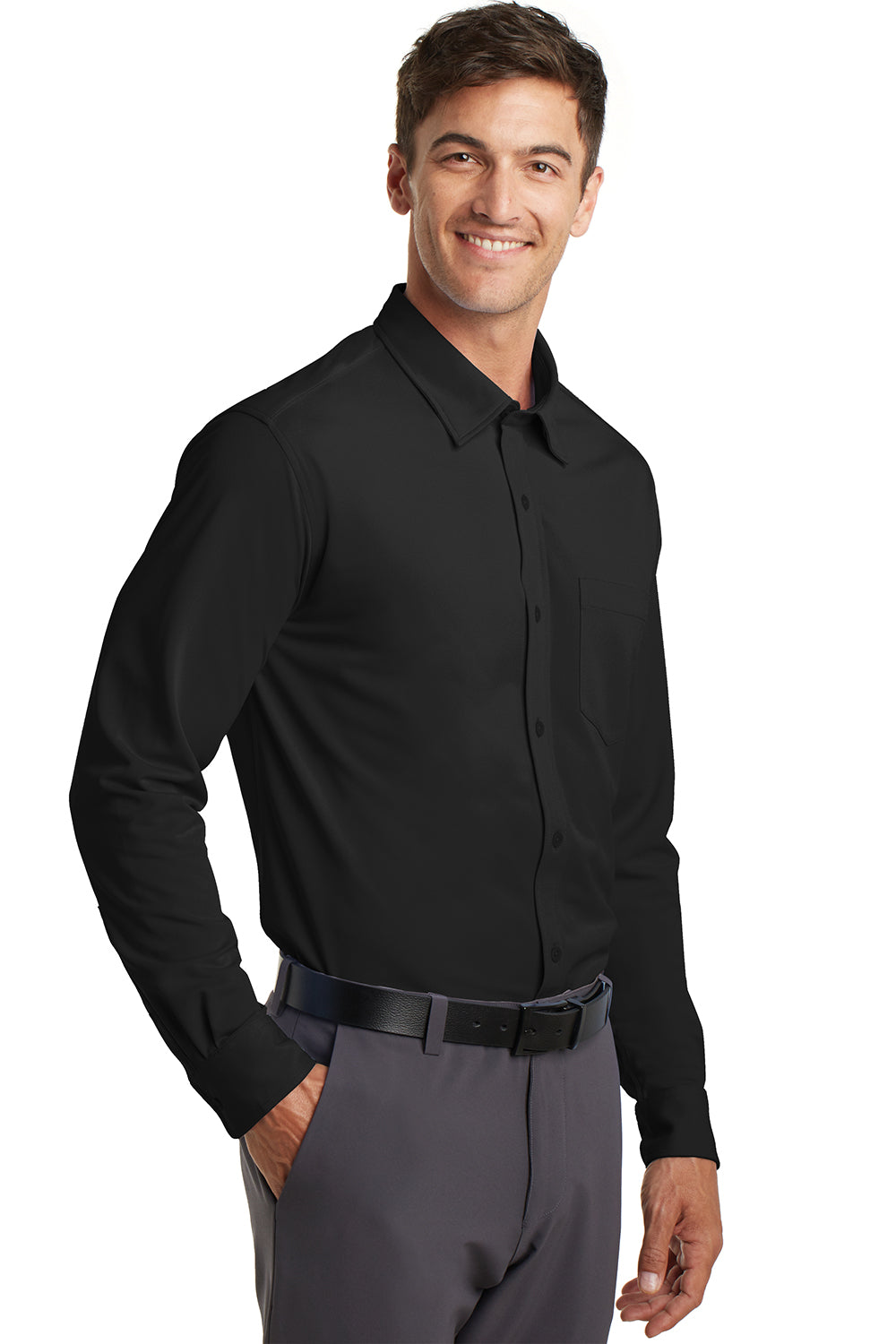 Port Authority K570 Mens Dimension Moisture Wicking Long Sleeve Button Down Shirt w/ Pocket Black Model 3q