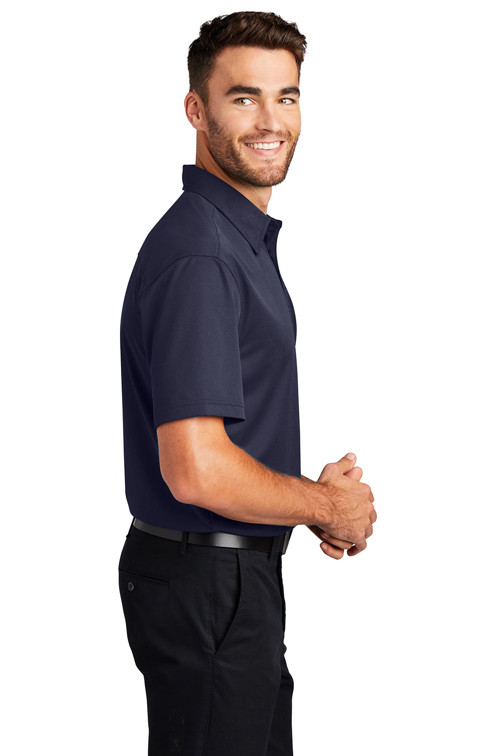 Port Authority K571 Mens Dimension Moisture Wicking Short Sleeve Polo Shirt Dark Navy Blue Model Side