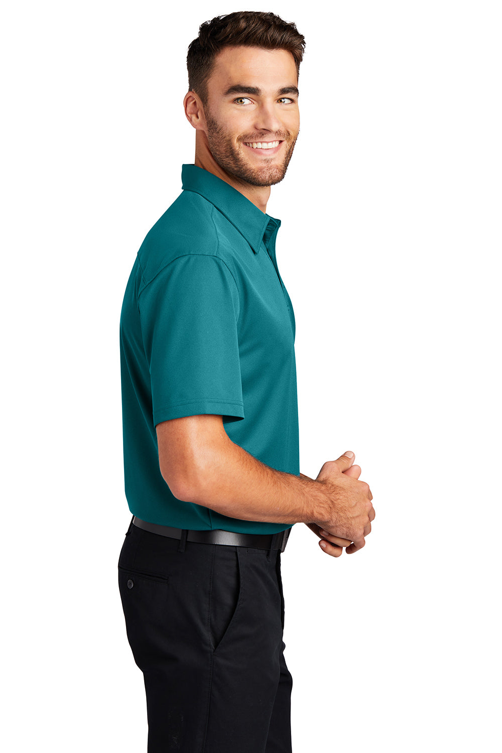 Port Authority K571 Mens Dimension Moisture Wicking Short Sleeve Polo Shirt Dark Teal Green Model Side