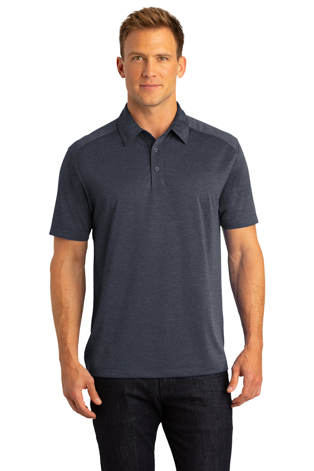 Port Authority K574 Mens Digi Heather Performance Moisture Wicking Short Sleeve Polo Shirt Dark Grey Model Front