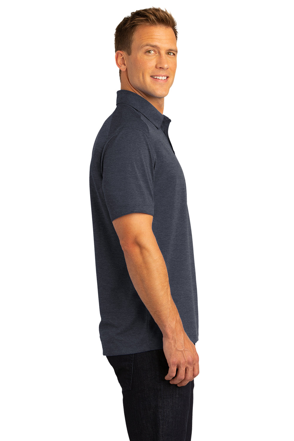 Port Authority K574 Mens Digi Heather Performance Moisture Wicking Short Sleeve Polo Shirt Dark Grey Model Side