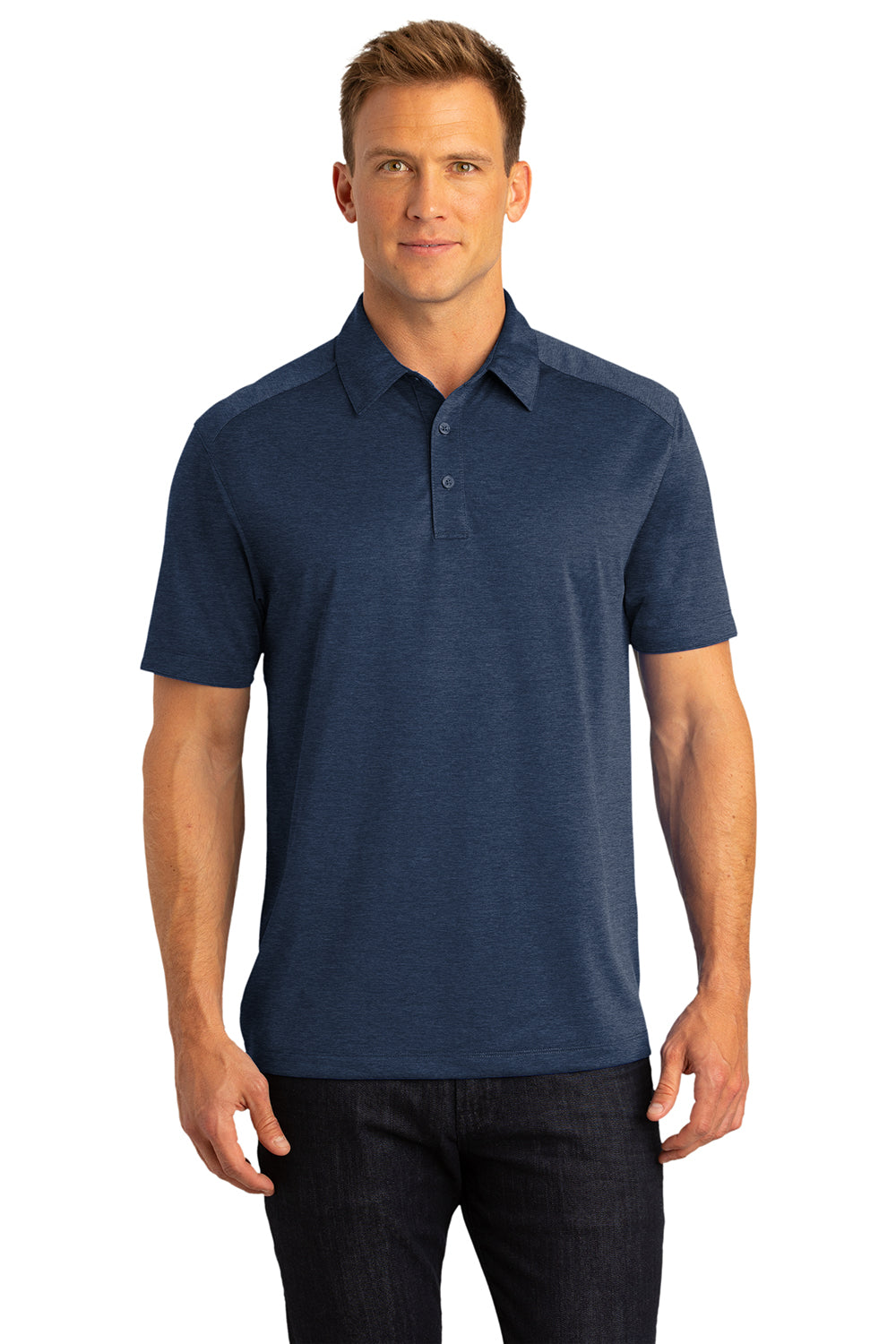 Port Authority K574 Mens Digi Heather Performance Moisture Wicking Short Sleeve Polo Shirt Dress Navy Blue Model Front