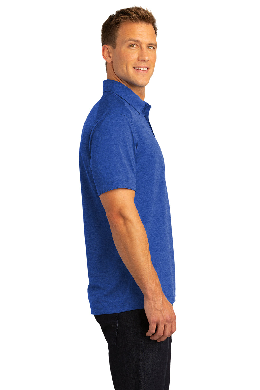 Port Authority K574 Mens Digi Heather Performance Moisture Wicking Short Sleeve Polo Shirt True Royal Blue Model Side