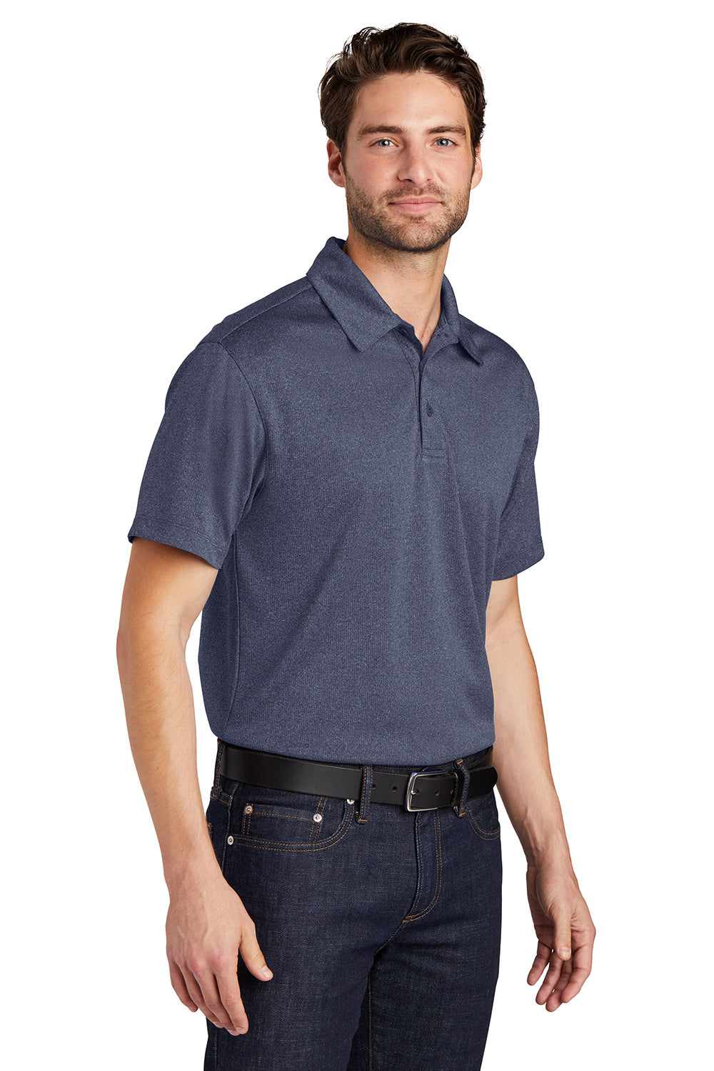 Port Authority K576 Mens Trace Moisture Wicking Short Sleeve Polo Shirt Heather True Navy Blue Model 3q