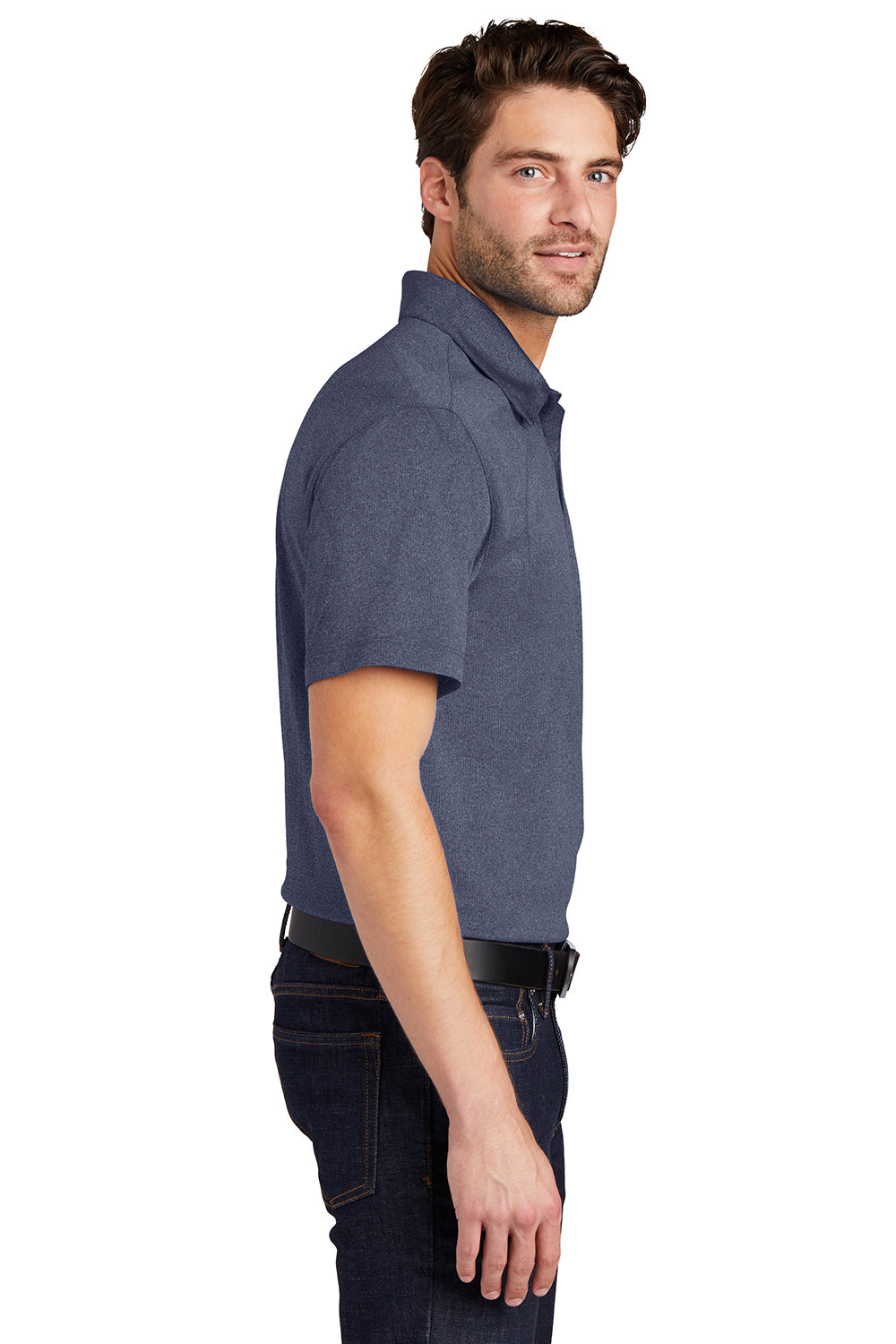 Port Authority K576 Mens Trace Moisture Wicking Short Sleeve Polo Shirt Heather True Navy Blue Model Side