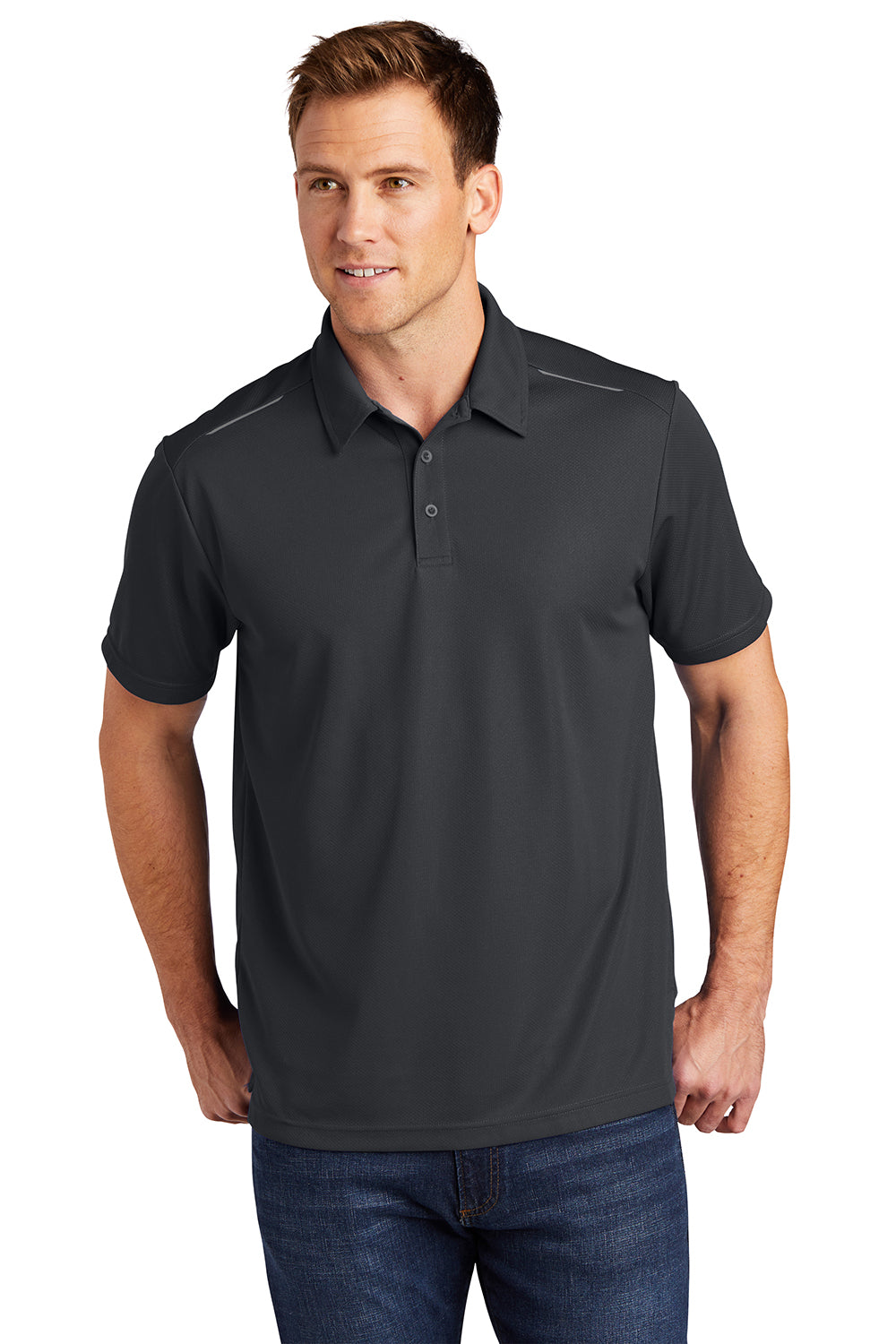 Port Authority K580 Mens Moisture Wicking Short Sleeve Polo Shirt Battleship Grey Model Front