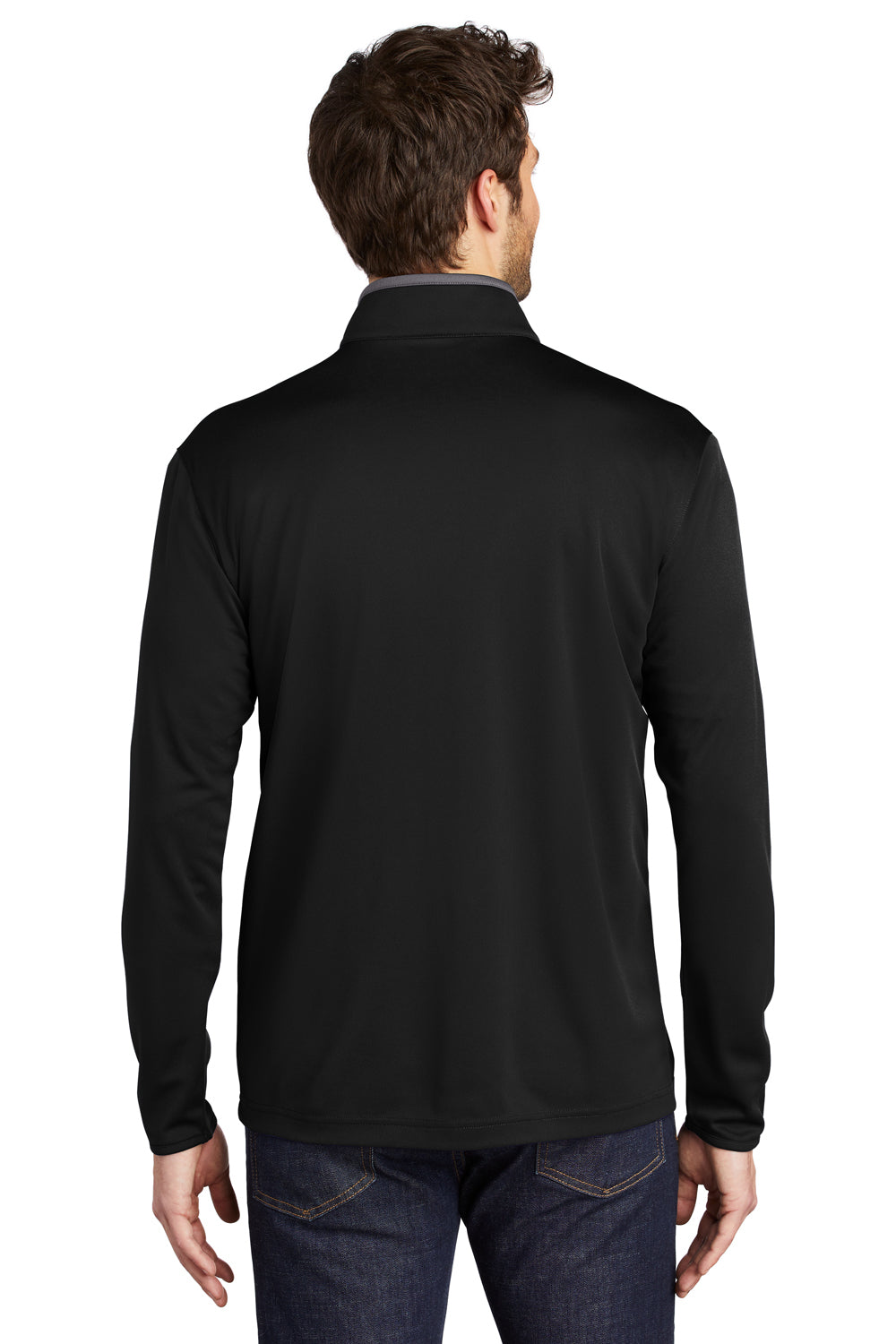 Port Authority K584 Mens Silk Touch Performance Moisture Wicking 1/4 Zip Sweatshirt Black/Steel Grey Model Back