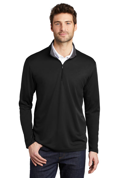 Port Authority K584 Mens Silk Touch Performance Moisture Wicking 1/4 Zip Sweatshirt Black/Steel Grey Model Front