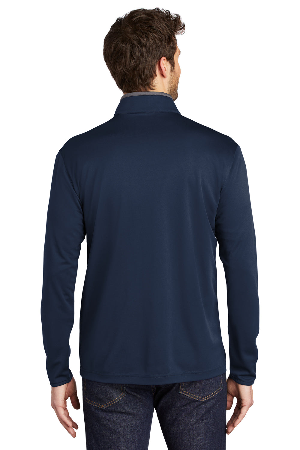 Port Authority K584 Mens Silk Touch Performance Moisture Wicking 1/4 Zip Sweatshirt Navy Blue/Steel Grey Model Back