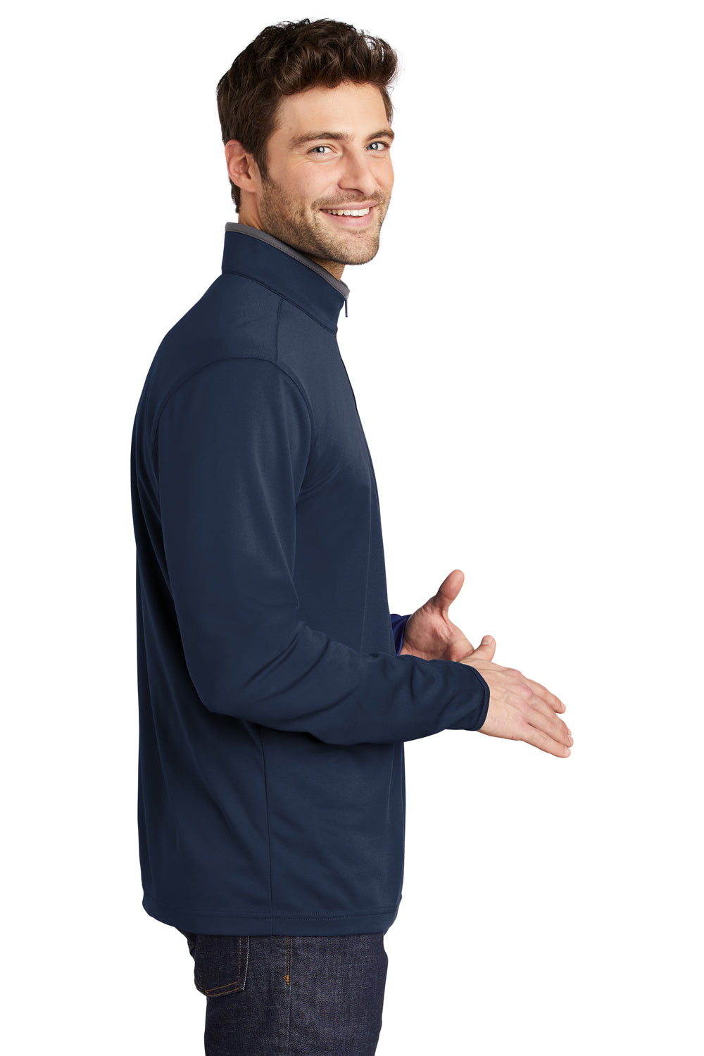 Port Authority K584 Mens Silk Touch Performance Moisture Wicking 1/4 Zip Sweatshirt Navy Blue/Steel Grey Model Side