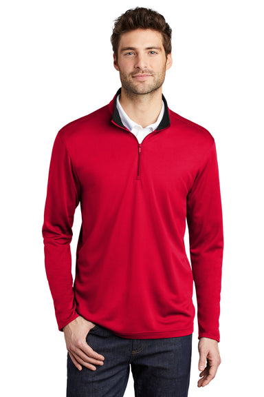 Port Authority K584 Mens Silk Touch Performance Moisture Wicking 1/4 Zip Sweatshirt Red/Black Model Front