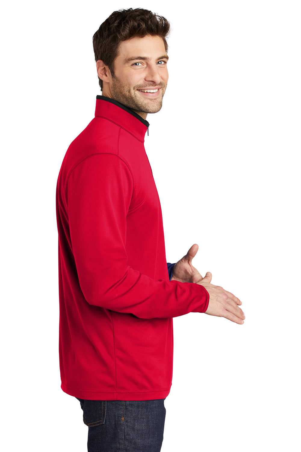 Port Authority K584 Mens Silk Touch Performance Moisture Wicking 1/4 Zip Sweatshirt Red/Black Model Side