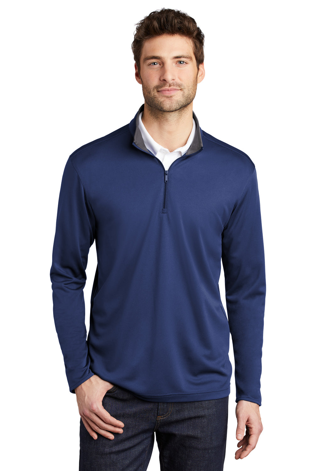 Port Authority K584 Mens Silk Touch Performance Moisture Wicking 1/4 Zip Sweatshirt Royal Blue/Steel Grey Model Front