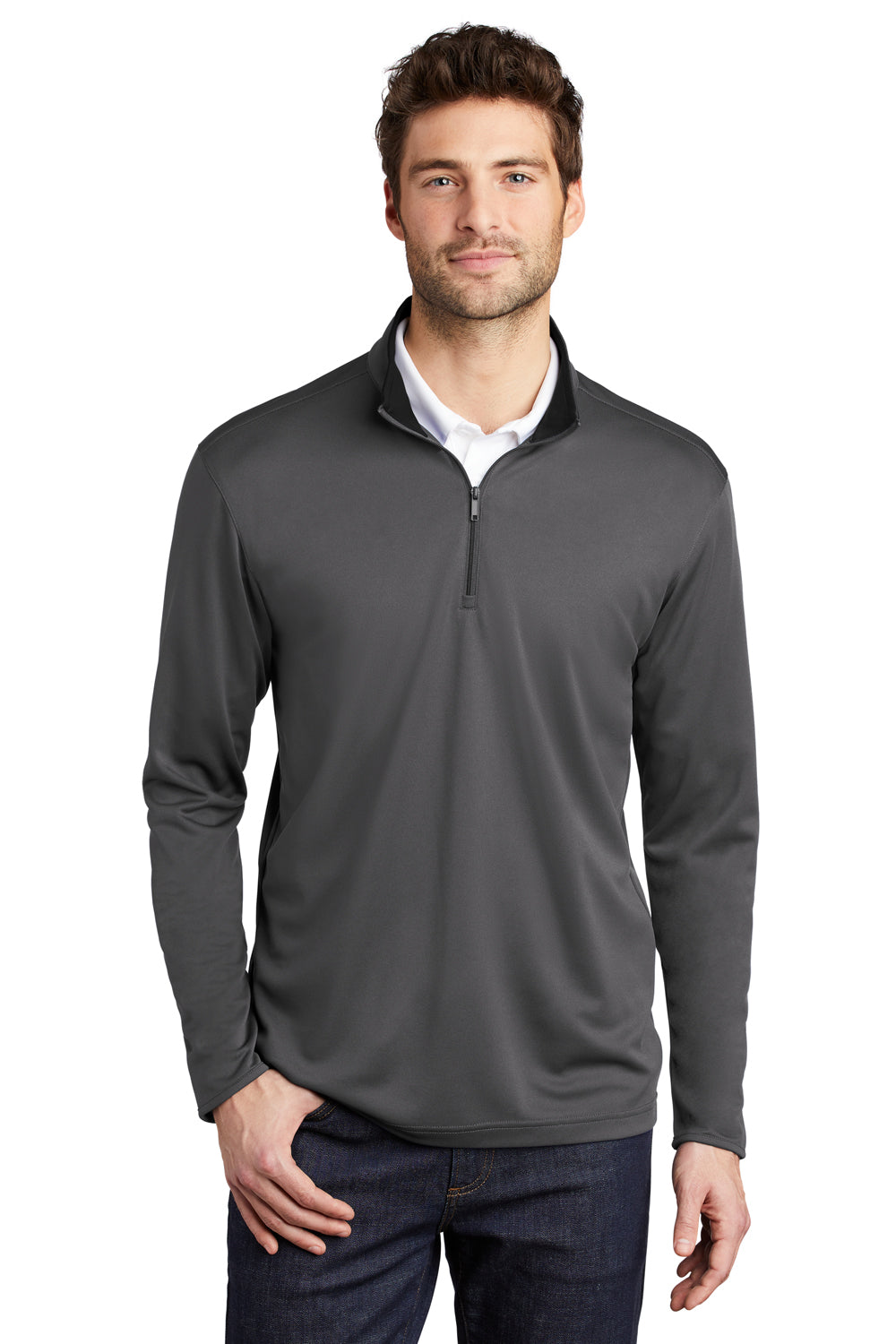 Port Authority K584 Mens Silk Touch Performance Moisture Wicking 1/4 Zip Sweatshirt Steel Grey/Black Model Front