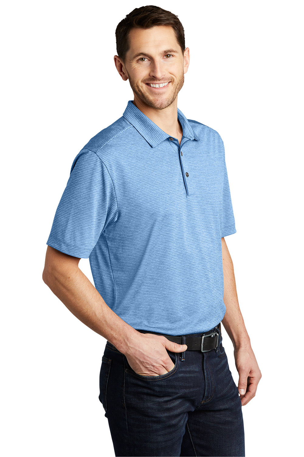 Port Authority K585 Mens Shadow Stripe Moisture Wicking Short Sleeve Polo Shirt Carolina Blue Model 3q