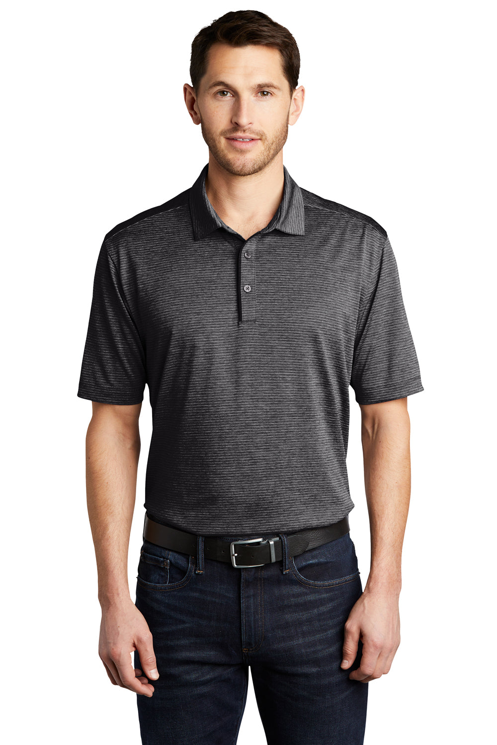 Port Authority K585 Mens Shadow Stripe Moisture Wicking Short Sleeve Polo Shirt Deep Black Model Front