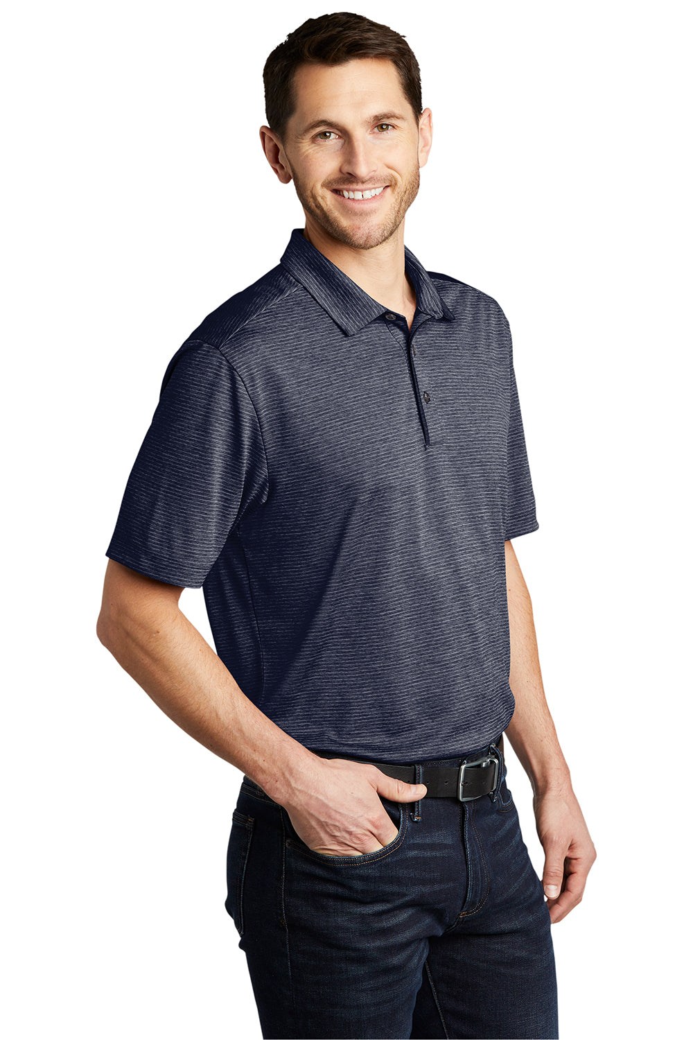 Port Authority K585 Mens Shadow Stripe Moisture Wicking Short Sleeve Polo Shirt River Navy Blue Model 3q