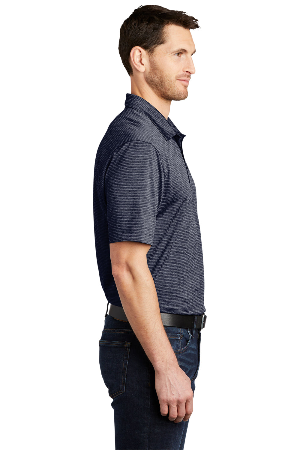 Port Authority K585 Mens Shadow Stripe Moisture Wicking Short Sleeve Polo Shirt River Navy Blue Model Side