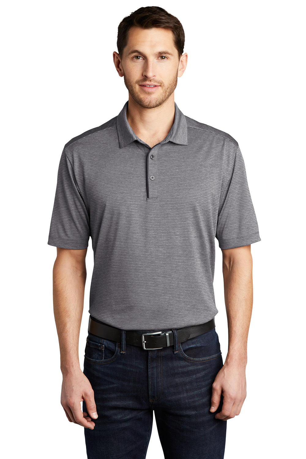 Port Authority K585 Mens Shadow Stripe Moisture Wicking Short Sleeve Polo Shirt Shadow Grey Model Front