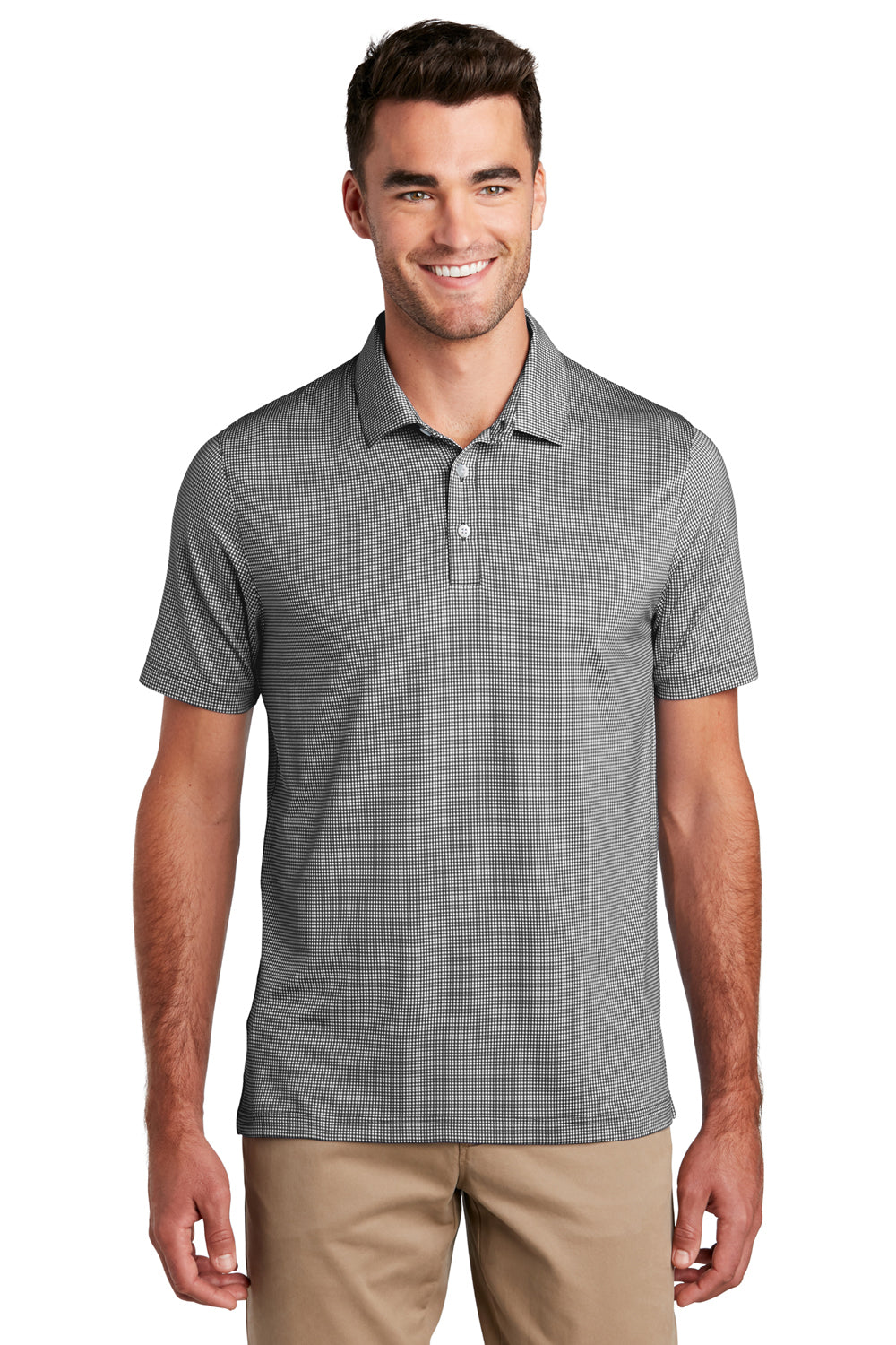 Port Authority K646 Mens Gingham Moisture Wicking Short Sleeve Polo Shirt Black/White Model Front