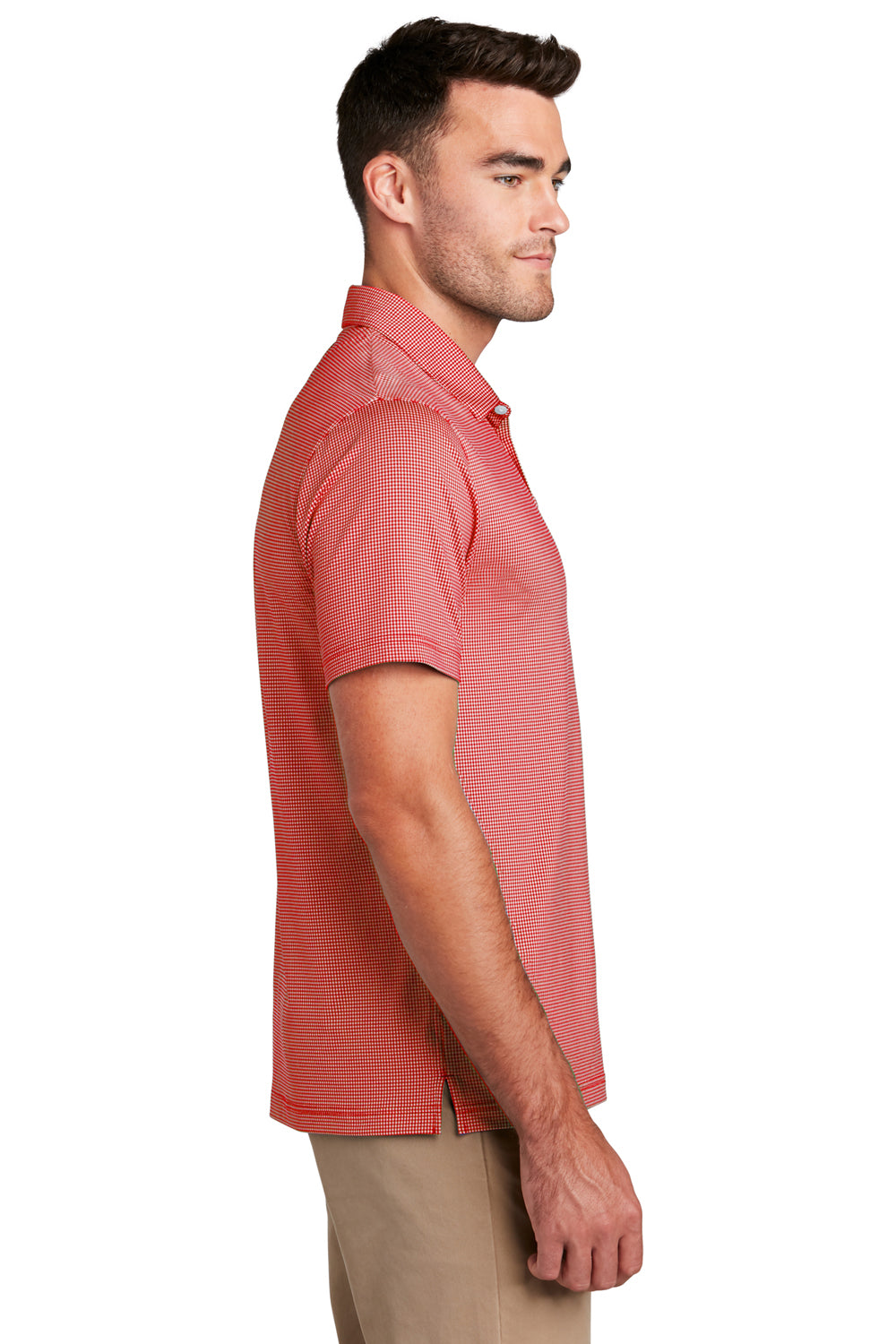 Port Authority K646 Mens Gingham Moisture Wicking Short Sleeve Polo Shirt Rich Red/White Model Side